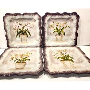 American Atelier Floral Jardin Lavender Plates Earthenware 9" Square  Set of 4
